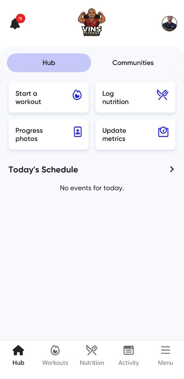 The Vins Fitness app: home screen
