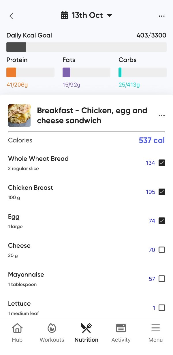 The Vins Fitness app: meals and daily targets